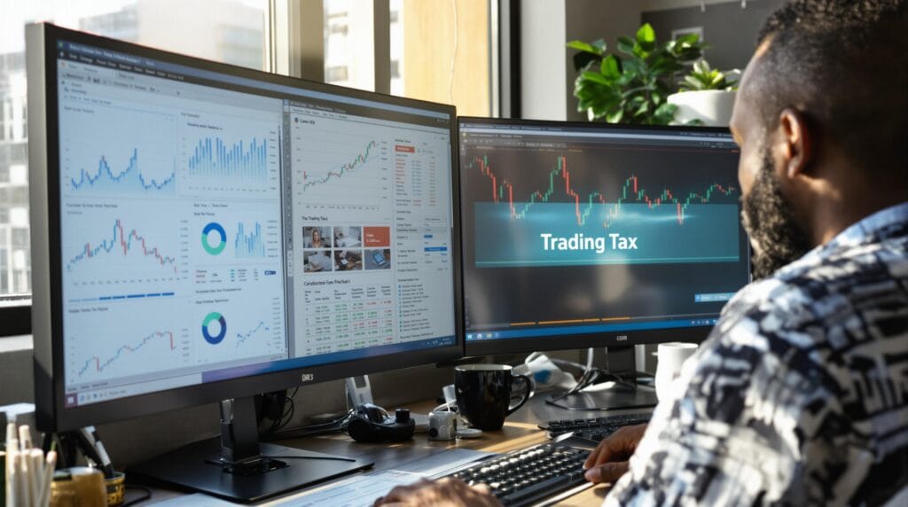 Trader in office reviewing trading tax documents on computers